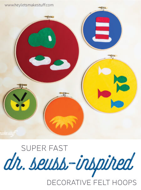 These Dr. Seuss decorative felt hoops are perfect for nursery or kid's decor, and are super easy to make. Post as a free printable pattern! #craftlightning