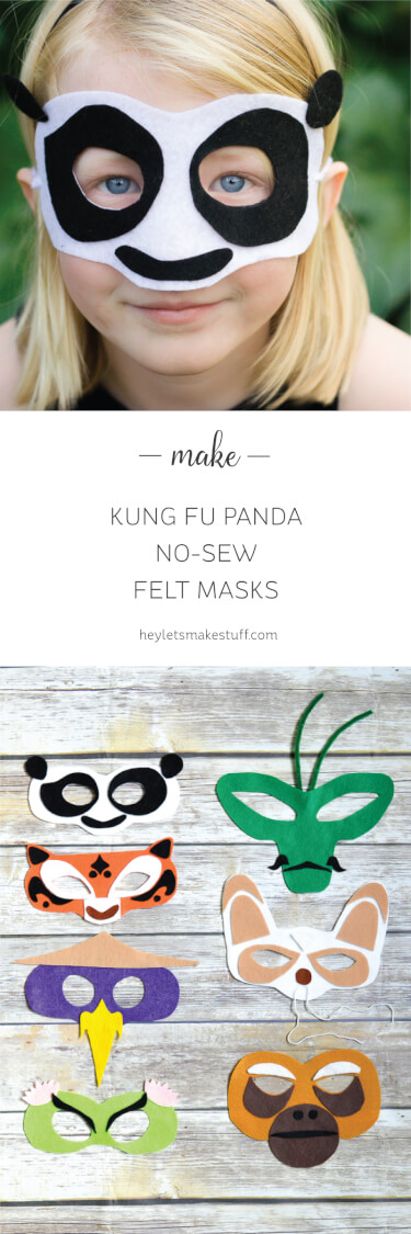 Is your kid (or you!) obsessed with Kung Fu Panda 3? Make these no-sew felt masks! There's Po, Tigress, Viper, Crane, Mantis, Monkey, and of course, Master Shifu. So fun for a Kung Fu Panda birthday party, too! Templates and instructions included.