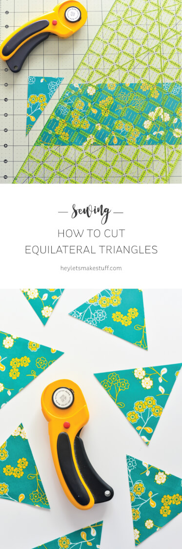 A fabric cutter and pieces of material cut into triangles all sitting on a table with advertising from HEYLETSMAKESTUFF.COM for Sewing - How to Cut Equilateral Triangles