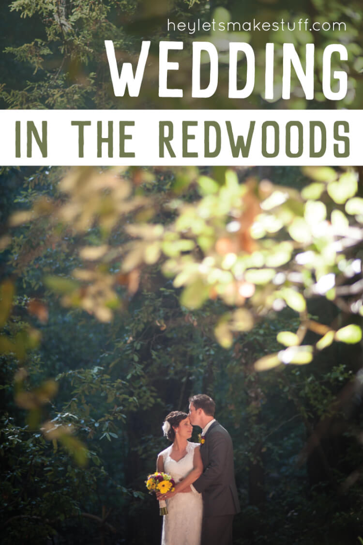 A bride and a groom standing in the woods with advertising for Wedding in the Redwoods from HEYLETSMAKESTUFF.COM