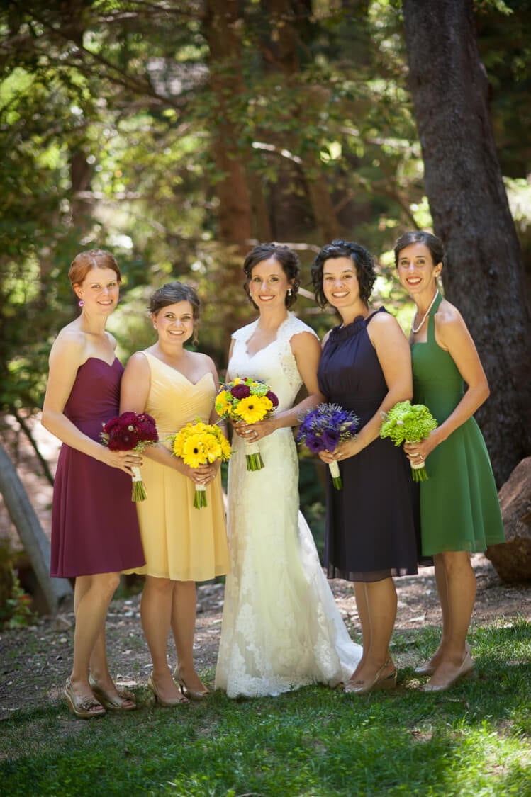A bride and her bridesmaids posing for the camera