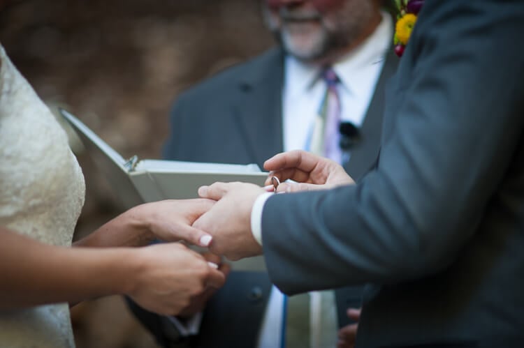 A bride and groom exchanging rings