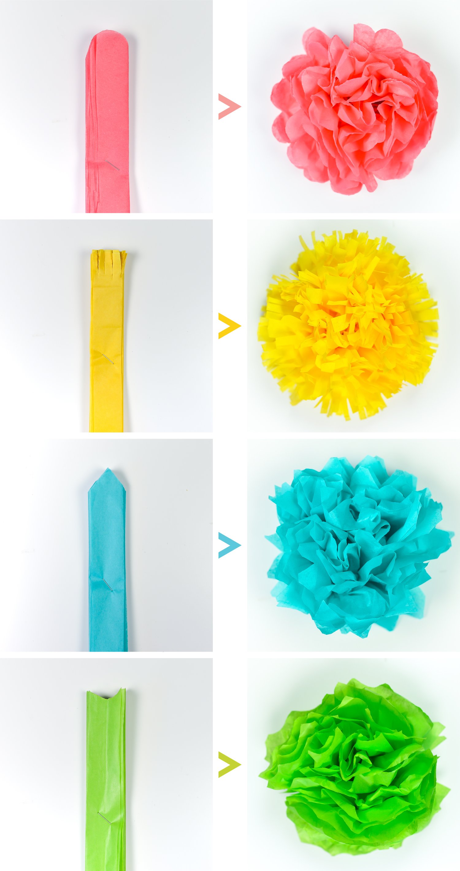 Tissue paper flowers four ways by cutting the edges differently