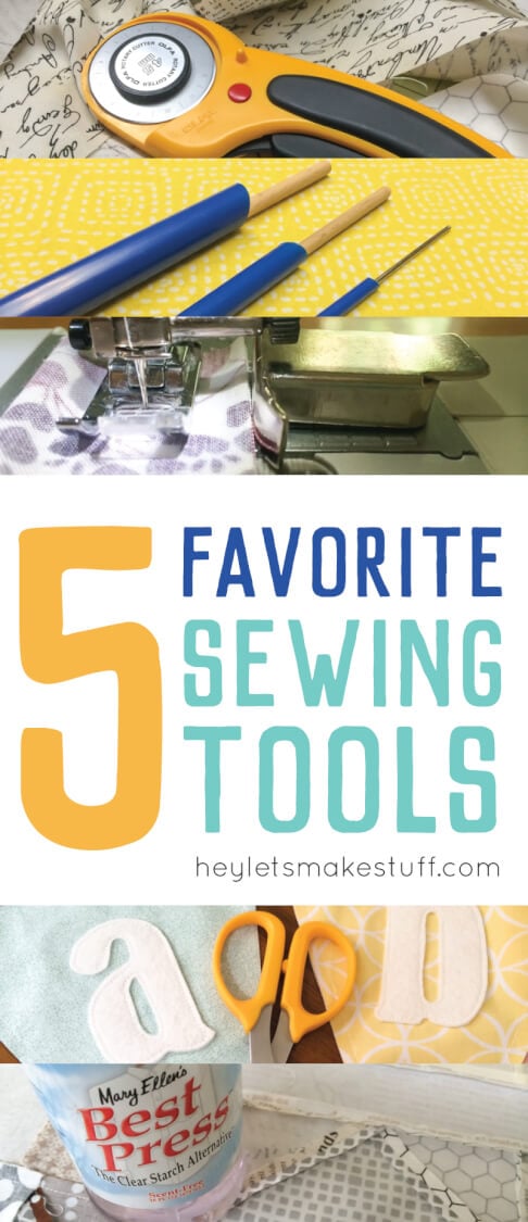favorite sewing tools: Quick turn, rotary cutter, best press, mini scissors, and magnetic seam guide