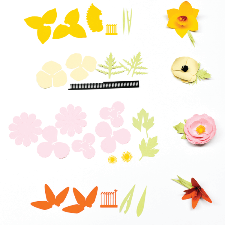 cutout pieces and finished versions of the Cricut flowers: daffodil, poppy, peony, and tiger lily. 