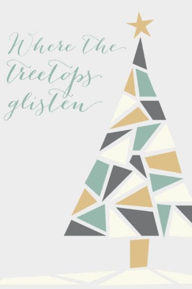 Free Christmas tree printable in traditional tones of green, red, and gold and modern tones of green, gold, gray, and white.