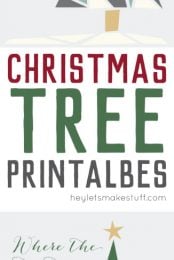 Free Christmas tree printable in traditional tones of green, red, and gold and modern tones of green, gold, gray, and white.