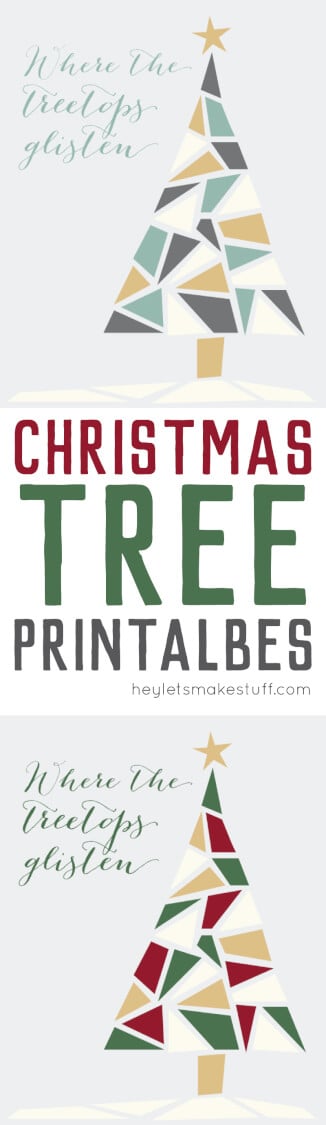 Free Christmas tree printable in traditional tones of green, red, and gold and modern tones of green, gold, gray, and white pin image