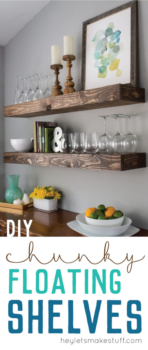 wooden floating shelves in kitchen with glasses and home decor pin image