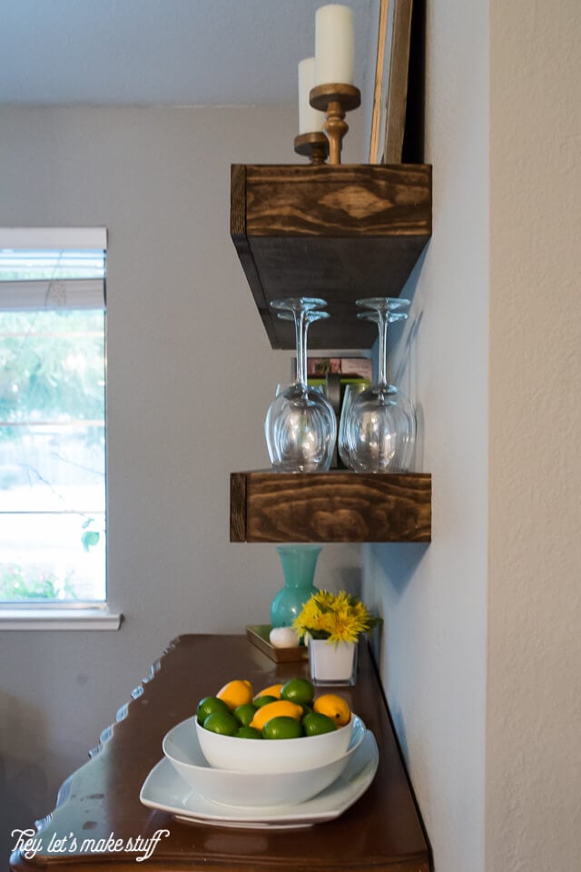 side view of finished hanging wooden floating shelf