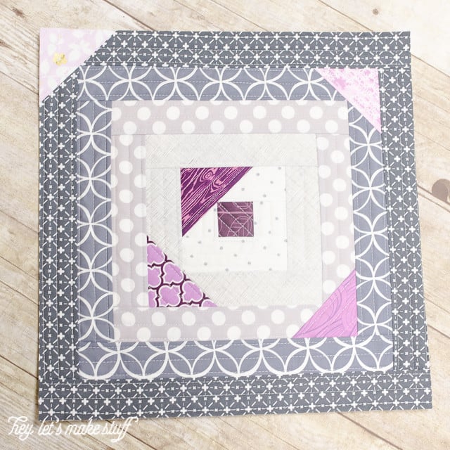 Finished modified log cabin block using the quilt-as-you-go (QAYG) method 