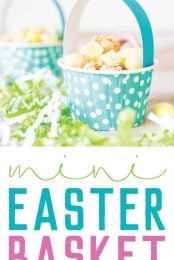 These tiny Easter basket snack cups are perfect for delicious Easter treats to share with friends! Super easy to make, with a delicious snack mix to put inside.