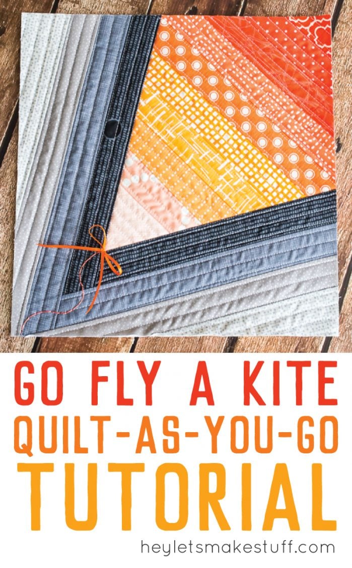 corner piece of finished Go Fly a Kite QAYG finished quilt block pin image