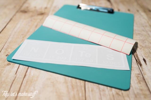 periodic SVG and transfer tape on painted teal clipboard