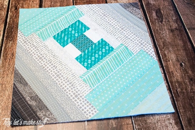 Quilt as you go finished quilt block with teals and grays