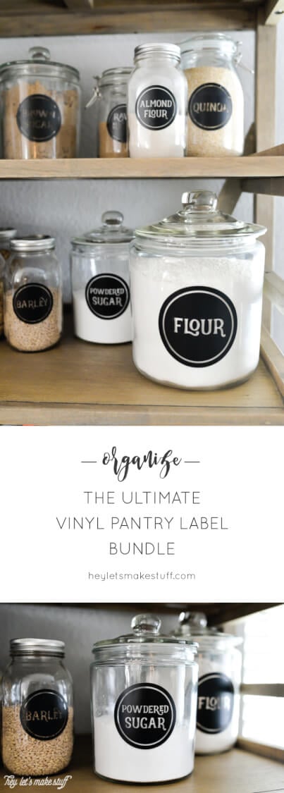 Jars on shelves filled with pantry staples and labeled with their contents with advertising from HEYLETSMAKESTUFF.COM to organize using the ultimate vinyl pantry label