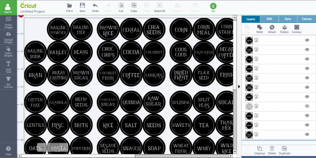 Designs of different pantry labels in Cricut Design Space
