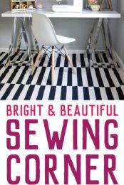 Turn a boring workspace in to a bright and colorful sewing corner! Tips for storing fabric, organizing ribbon, and making it all look beautiful. #ad