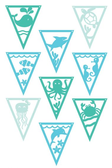 Pennants with images of creatures from the sea or ocean