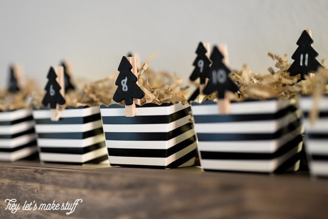 black and white striped boxes for DIY candy advent calendar