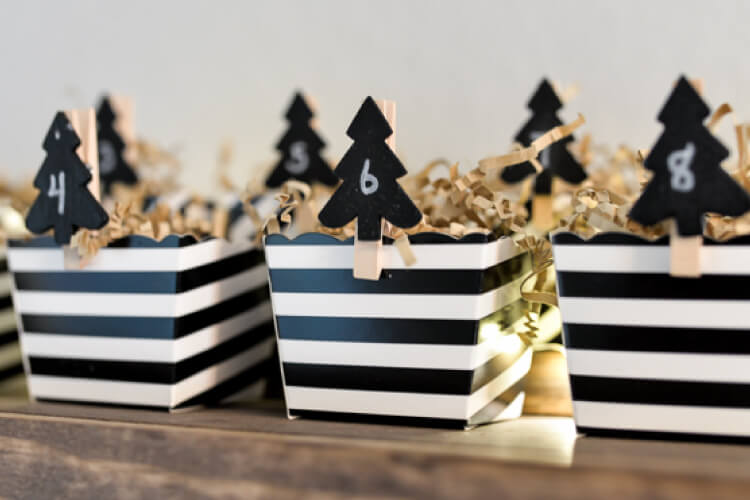 black and white DIY advent calendar in boxes