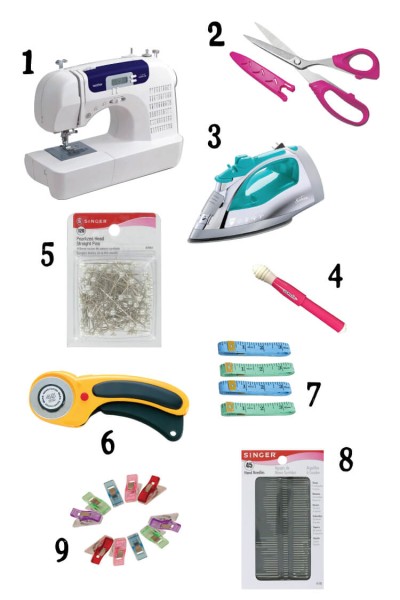 Pictures of 9 sewing items:  1. Sewing Machine, 2. Fabric Scissors, 3. Iron, 4. Seam Ripper, 5. Pins, 6. Rotary Cutter, 7. Tape Measure, 8. Hand Sewing Needles and 9. Wonder Clips