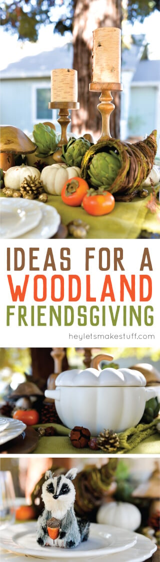 Woodland Friendsgiving table setup with candles. white pumpkins, and cornucopias