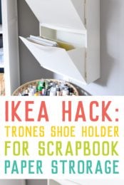 Scrapbook paper out of control? Use this IKEA Hack: Trones Shoe Holders are the perfect size and shape for holding all of your paper! This paper organization idea takes up so little space in your craft room.