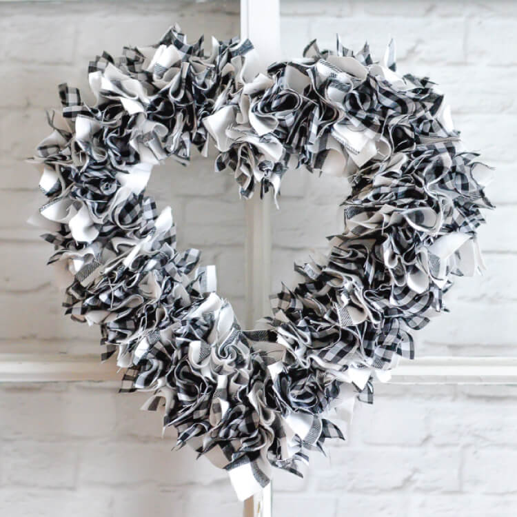 finished scrappy fabric heart wreath 