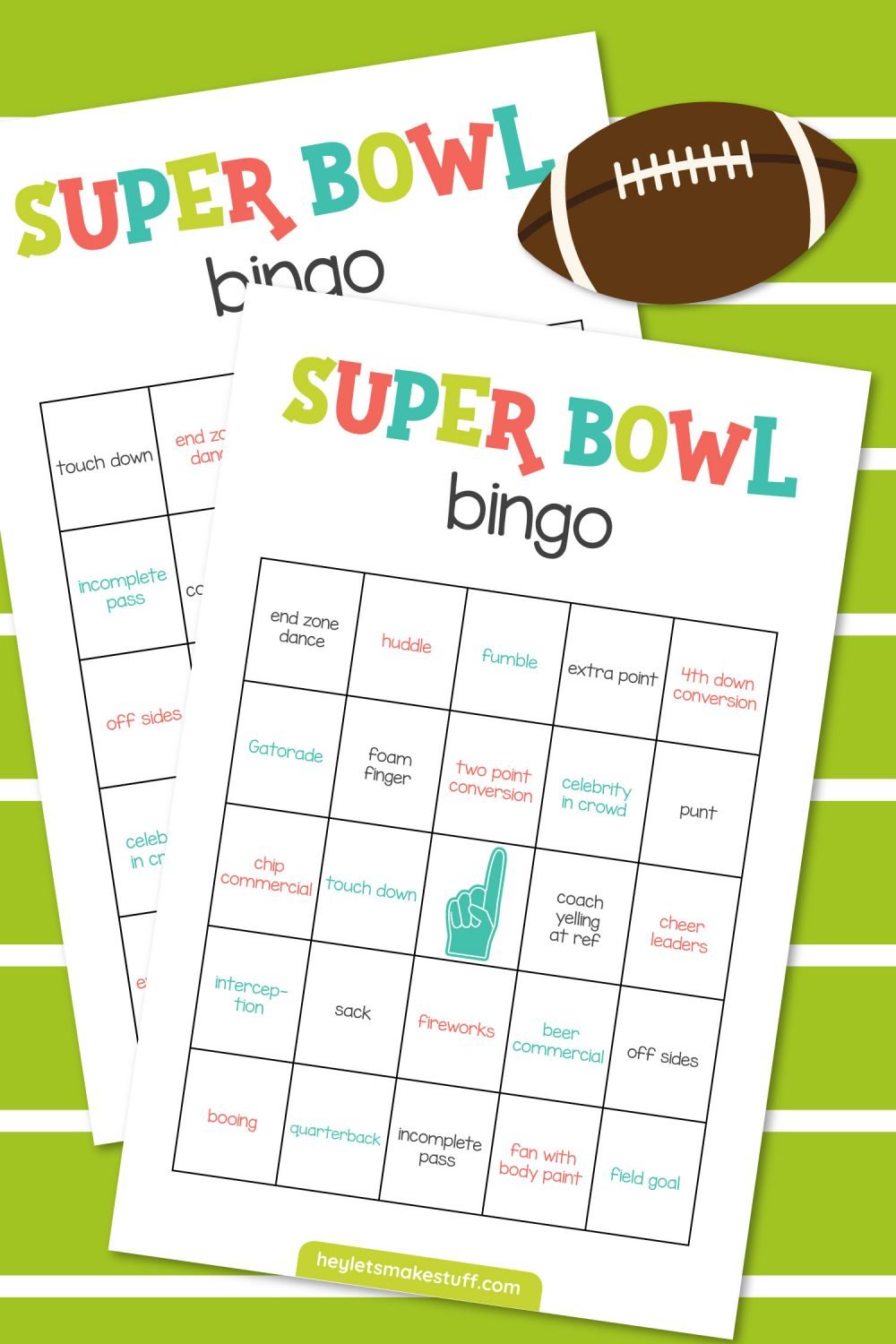 Mockup of super bowl bingo on green and white striped background
