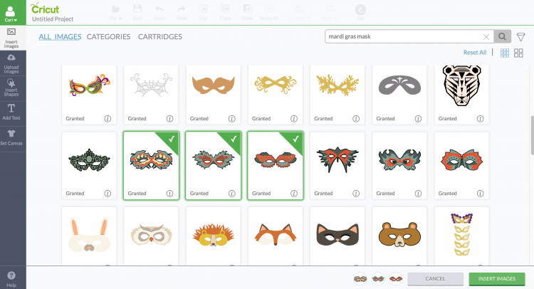 screenshot of Mardi Gras masks in Cricut Design Space