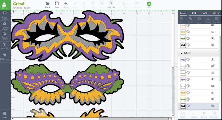 closeup screenshot of Mardi Gras masks in Cricut Design Space