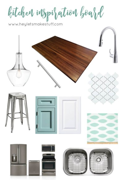 Kitchen inspiration board: teal, white, chrome, and walnut. The perfect clean, bright kitchen!