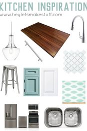 Our budget kitchen renovation inspiration board! We will turn our 1980s oak kitchen with painted cabinets, chrome lighting, and a modern backsplash.