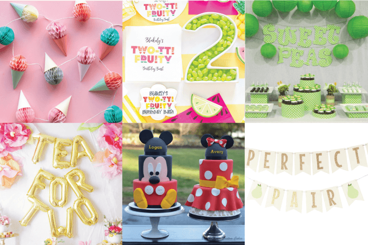 Collage of twin birthday party theme ideas 