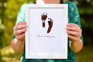 Take your newborn's footprints and turn them into a foiled keepsake. So sweet in a nursery or for a Father's Day or Mother's Day gift.