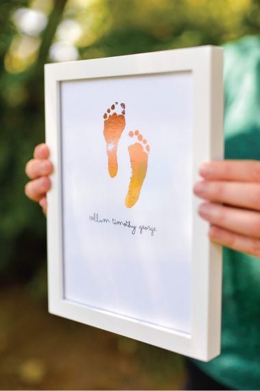 Take your newborn's footprints and turn them into a foiled keepsake. So sweet in a nursery or for a Father's Day or Mother's Day gift.