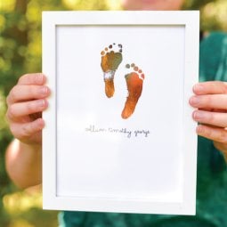 Take your newborn's footprints and turn them into a foiled keepsake. So sweet in a nursery or for a Father's Day or Mother's Day gift.