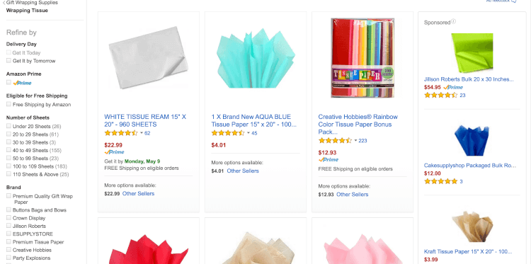 amazon screenshot of tissue paper