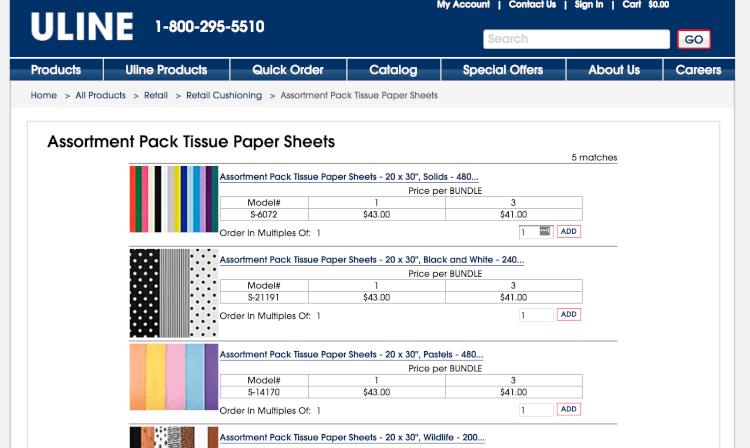 ULINE screenshot tissue paper