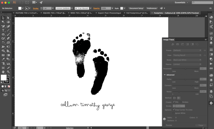 screenshot of newborn's footprints in Illustrator