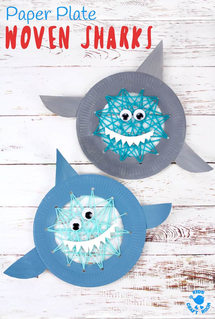 Paper plates painted gray and blue made up as sharks