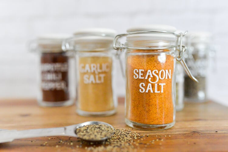 Spices labeled with vinyl in spice jars