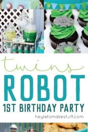 We threw our twin boys a Robot Birthday Party for their first birthday! Tons of fun details -- robot cakes, photo booth, ball pit, delicious robot-themed food, and, of course, a friend dressed like a robot for all the kids to hang out with!