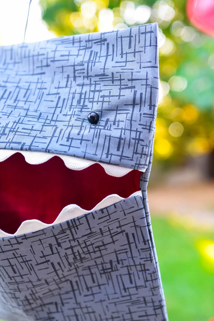 Close up of a shark clothespin bag