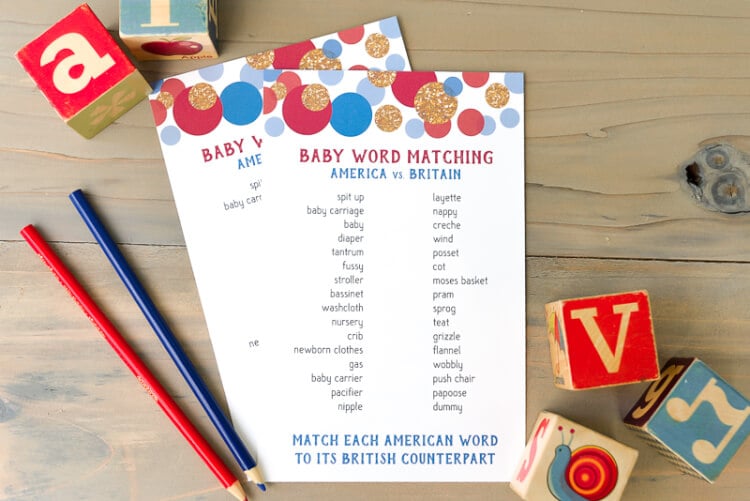 American and British baby shower matching game