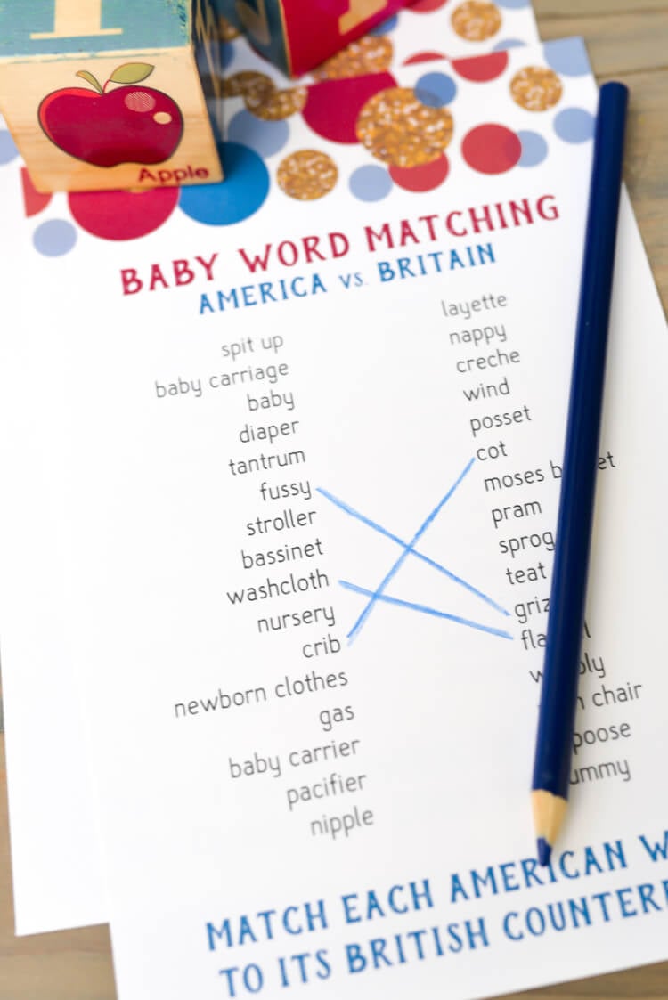 American and British baby shower matching printable