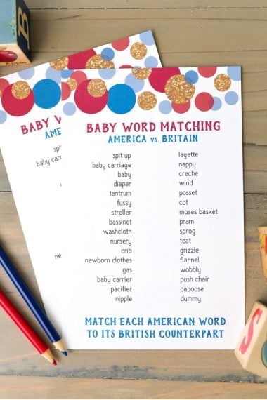 Test your knowledge of American and British baby words with this fun baby shower matching game! Perfect for an English tea party baby shower.