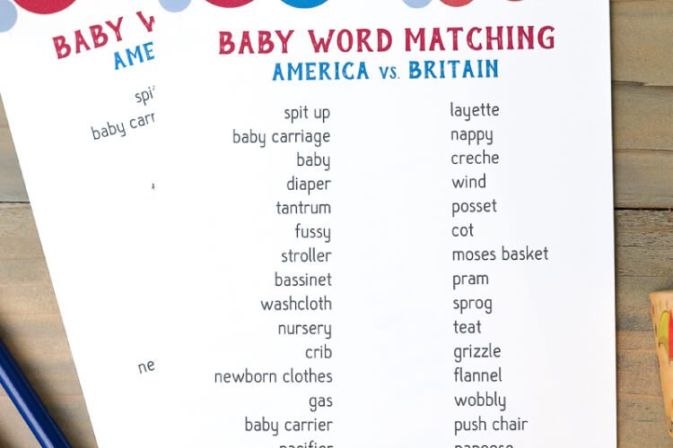 American And British Word Matching Baby Shower Game Free Printable