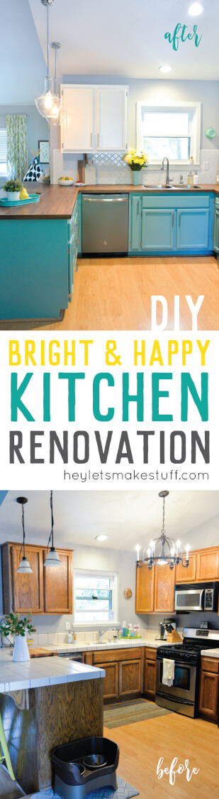 Before and after pictures of a kitchen makeover with advertising by HEYLETSMAKESTUFF.COM for a bright and happy kitchen renovation